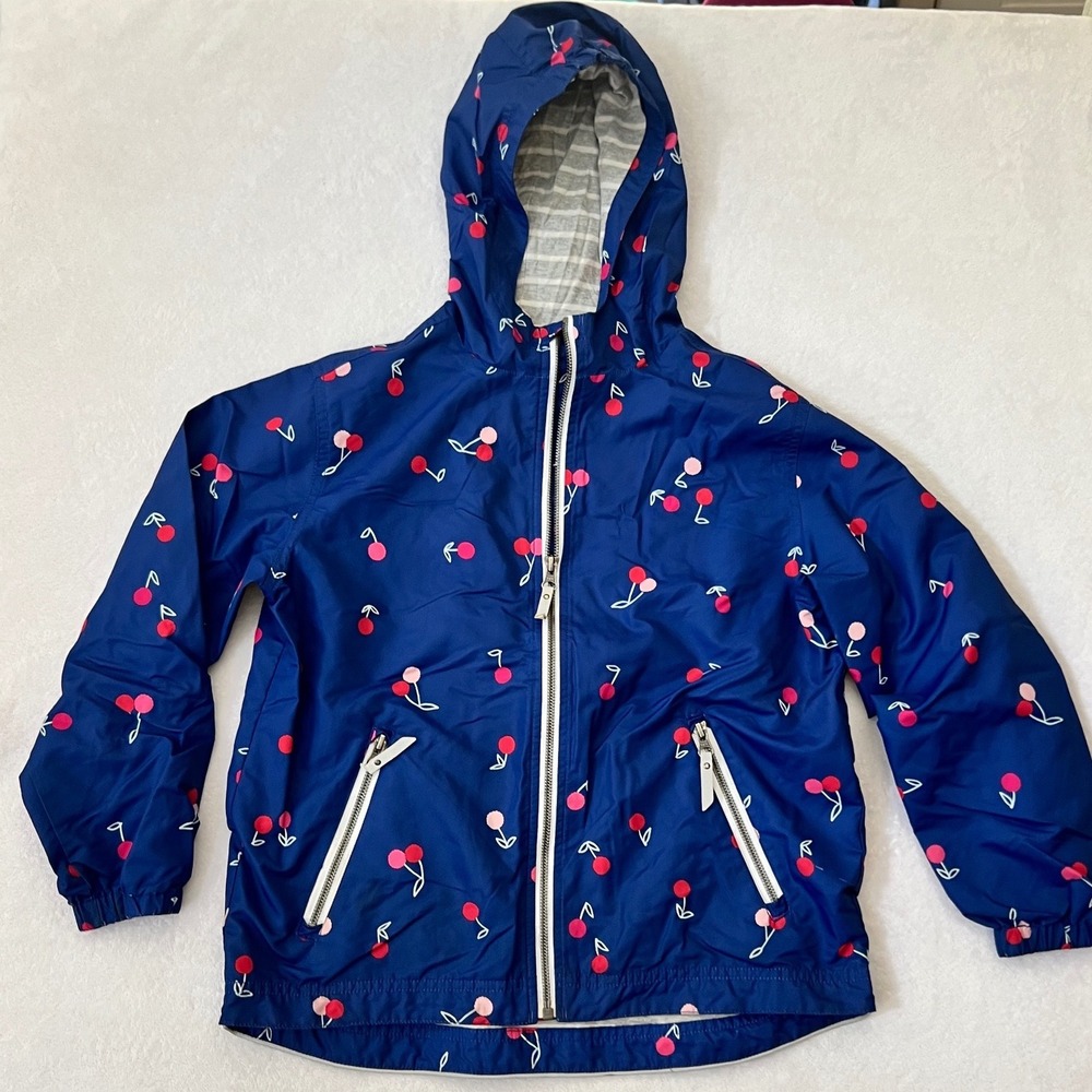 Hanna Andersson Windbreaker Navy Blue Cherry Print Hooded Jacket Size 10